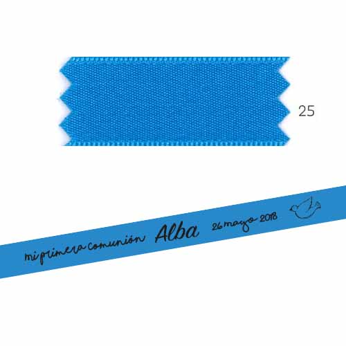 Cinta de raso azul personalizada a una tinta para regalar en comunión
