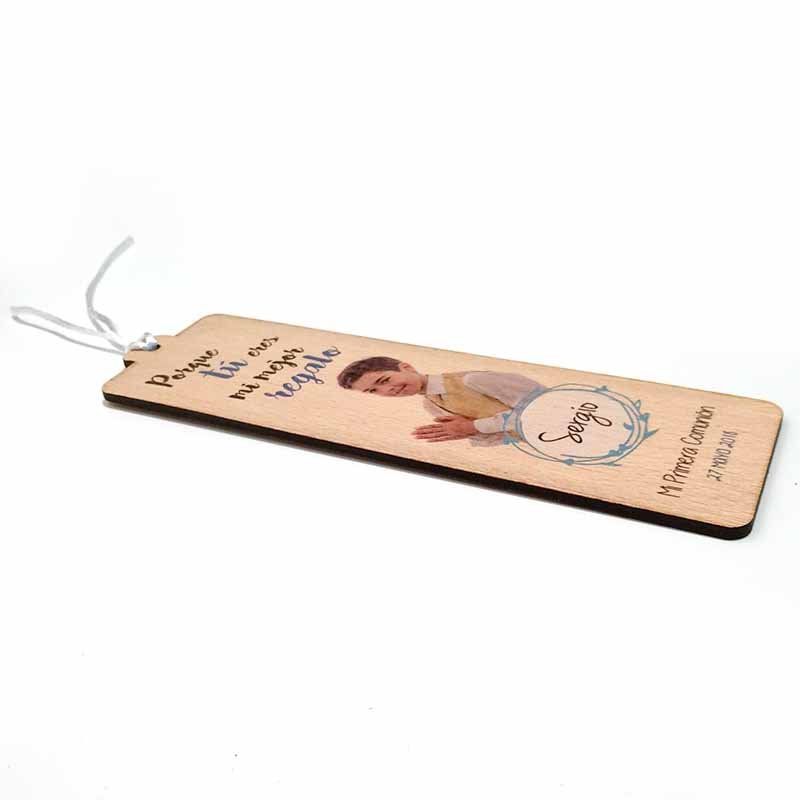 original marca páginas de madera troquelado personalizado a todo color con la foto y texto de la primera comunión
