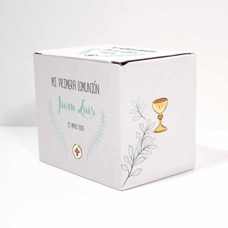 caja de cartón para presentar tazas personalizadas o regalos para comuniones