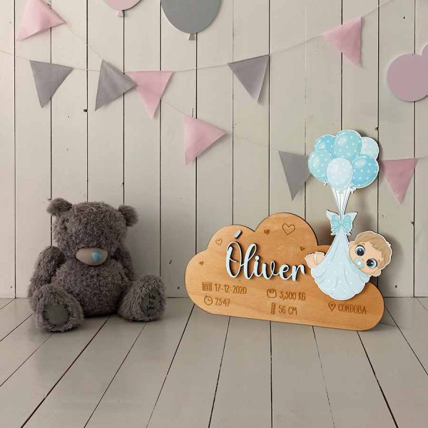 placa personalizada bebé para decorar con nombre, fecha de nacimiento, peso, medidas y lugar