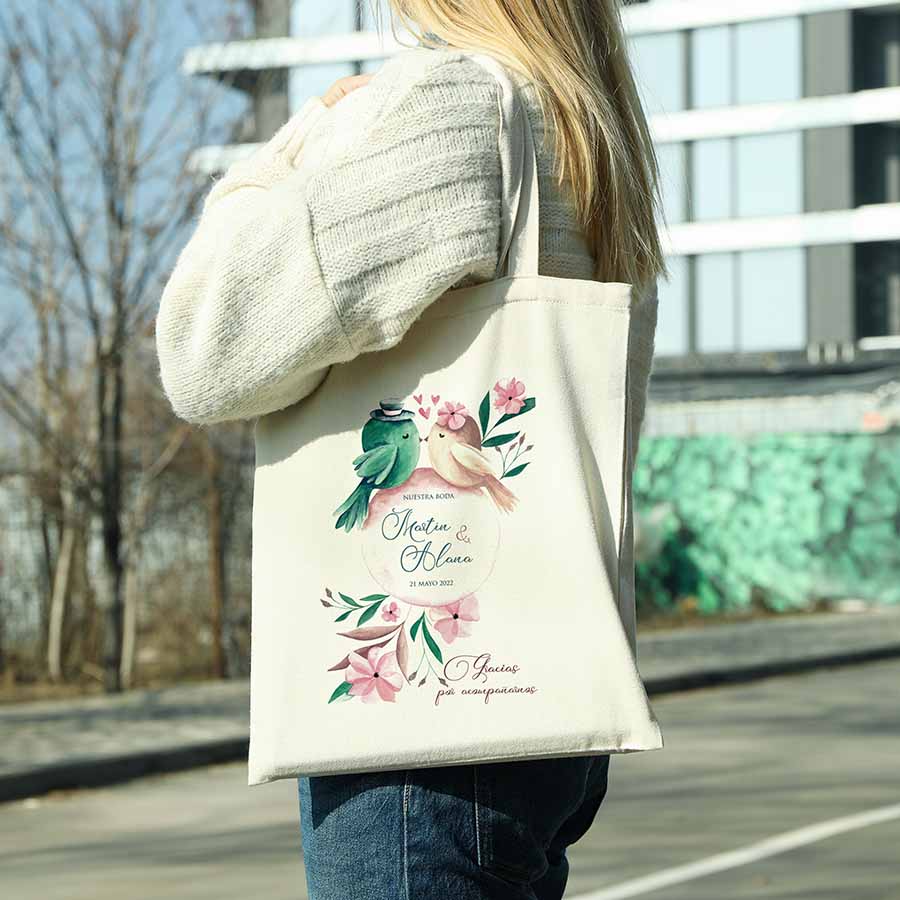 18-bolsa-bodas-01 Dulce diseño de dibujo en acuarela de pájaros enamorados para bolsa de tela personalizada para detalle de boda