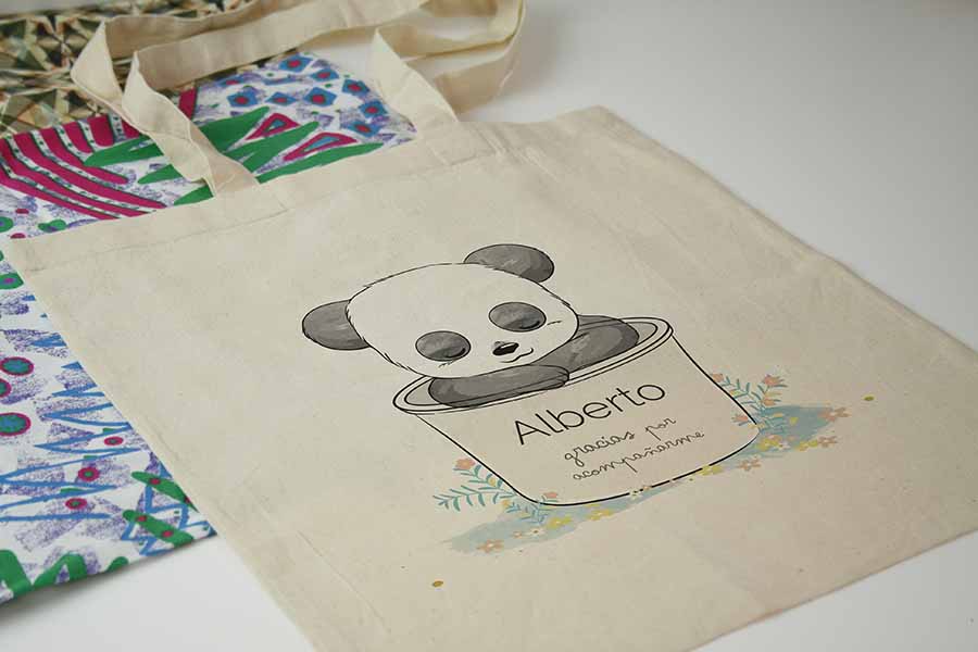 bolsa de tela personalizada con dulce dibujo de oso panda especial como detalle para bautizo