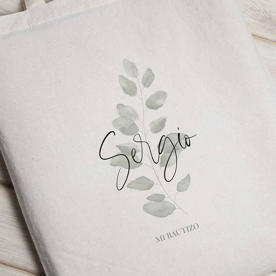 Bolsa de algodón orgánico para Bautizo "Hojas acuarela" - Imagen 2