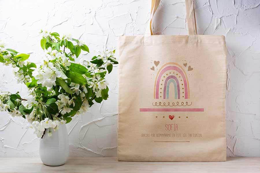 55-bolsa-bautizo-d bolsa de tela con dulce dibujo de arco iris