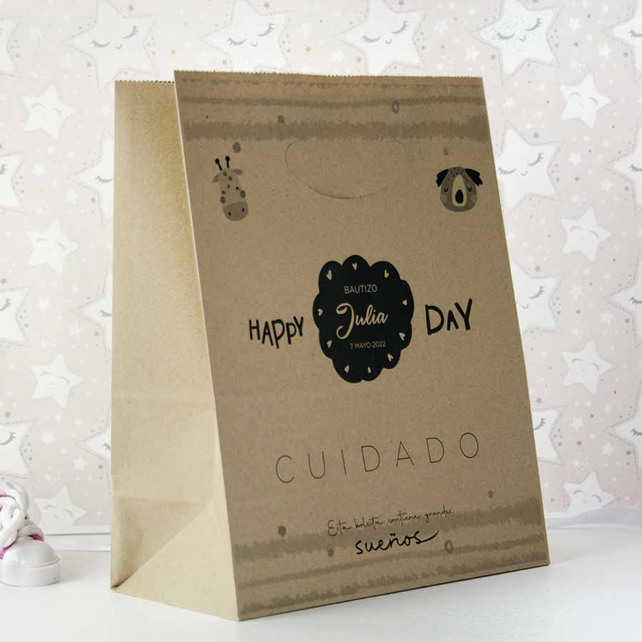 bolsas para bautizo de papel con asas impresa con alegre diseño para presentar regalos