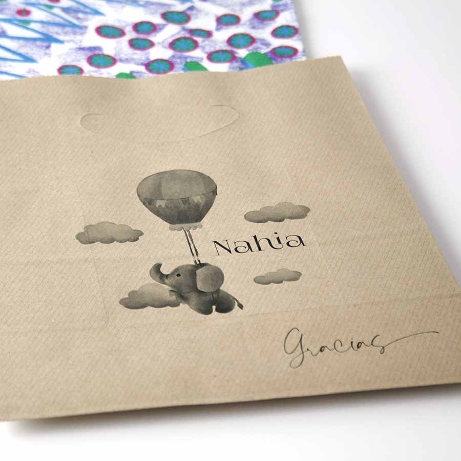 bolsa kraft reciclada impresa con dibujo infantil y nombre de bebé
