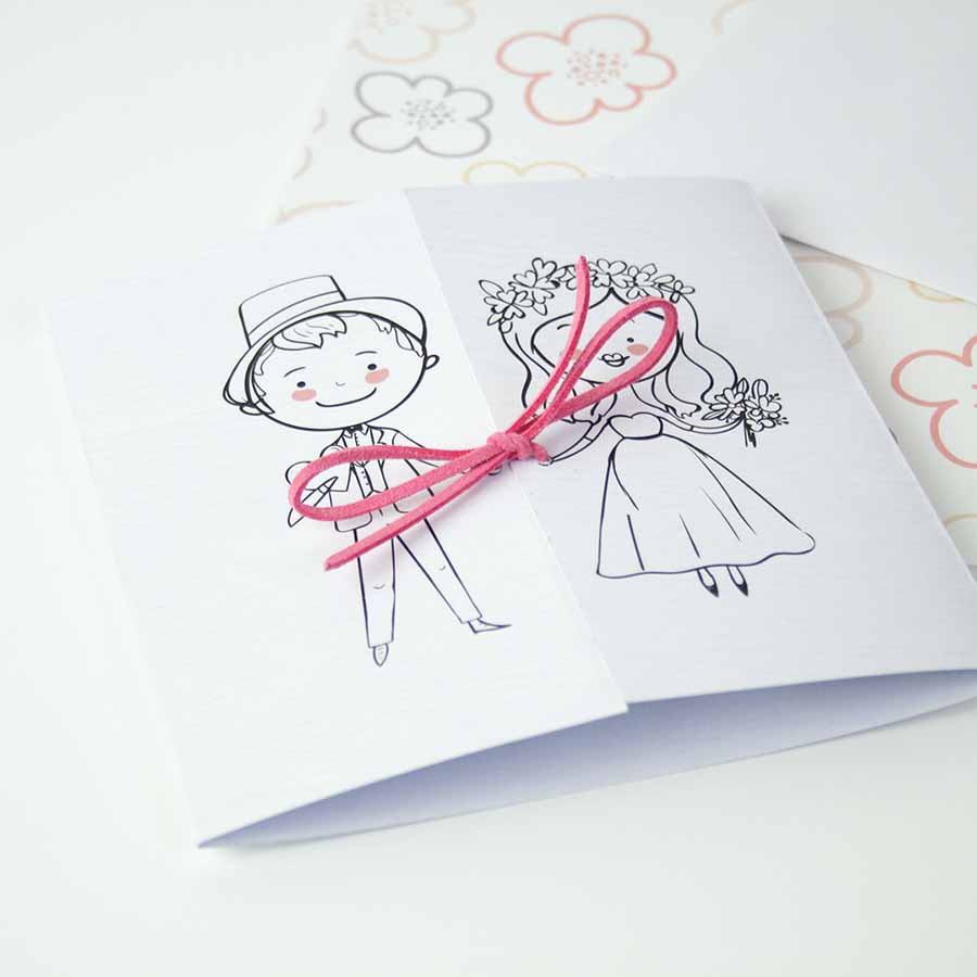 invitacion-boda-divertida Invitación de boda divertida muy original con dibujo a líneas de novios y lacito para unir