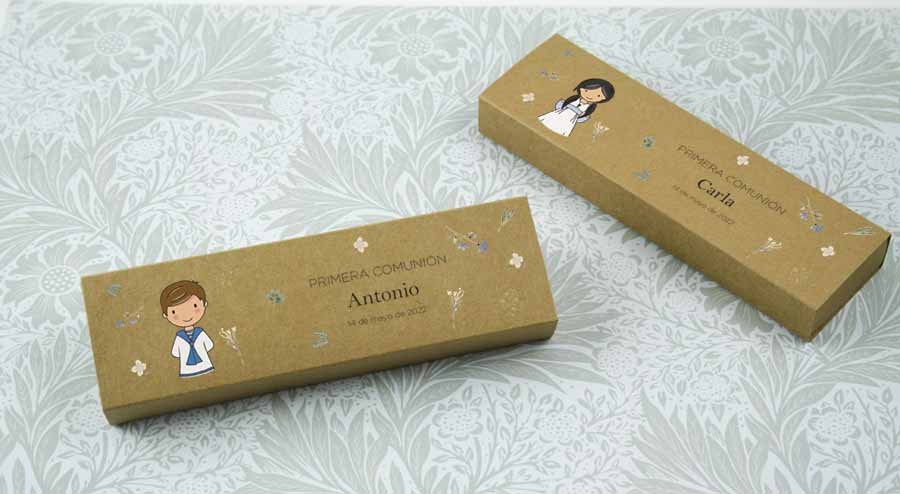 set-escritura-15421A-B estuche de cartón personalizado a todo color para regalar a los invitados a comunión, bolígrafo y portaminas ecológicos en el interior