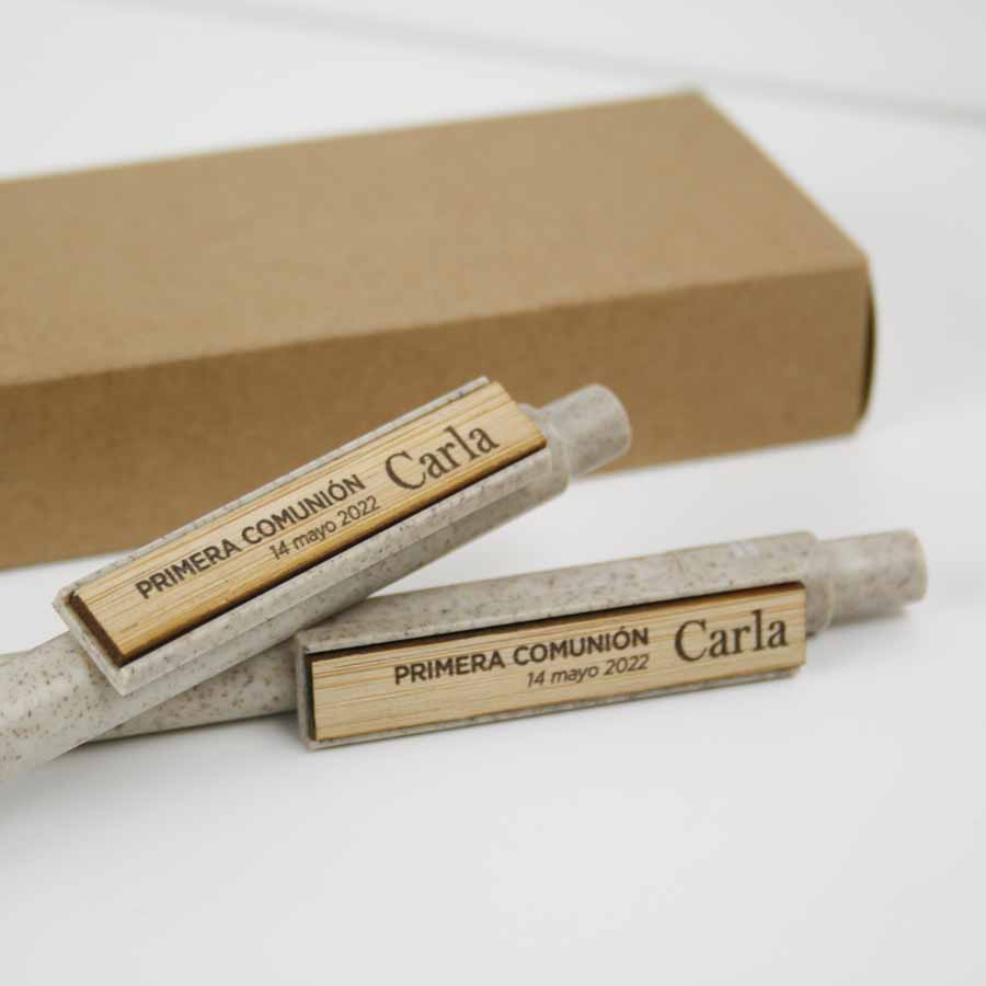 set-escritura-15421E-1 bolígrafos y portaminas personalizados en el clip de madera ideales como detalles para invitados a comunion