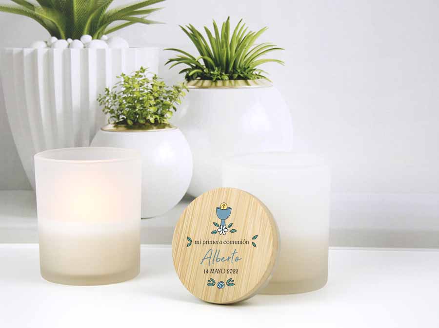 vela-aromatica-comunion-g5 regalos originales para comunion vela aromatica natural con tapa de bambu personalizada a todo color