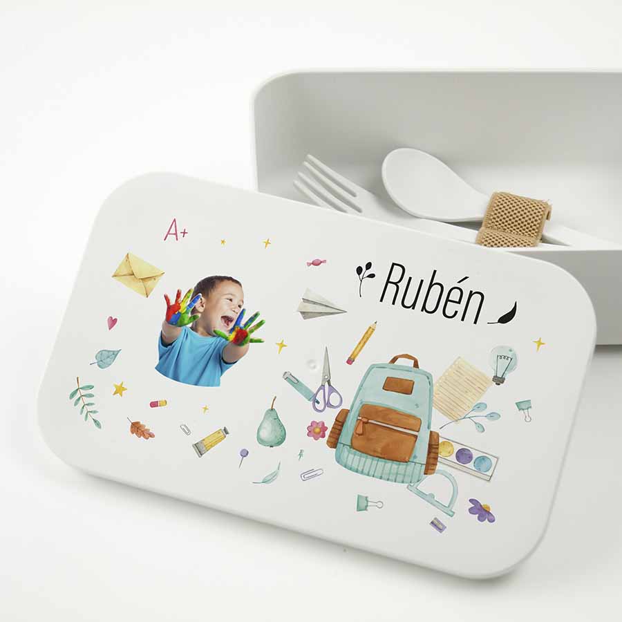 Fiambrera personalizada para niños "Mochila". Regalos personalizados para la vuelta al cole, navidad, cumpleaños y eventos