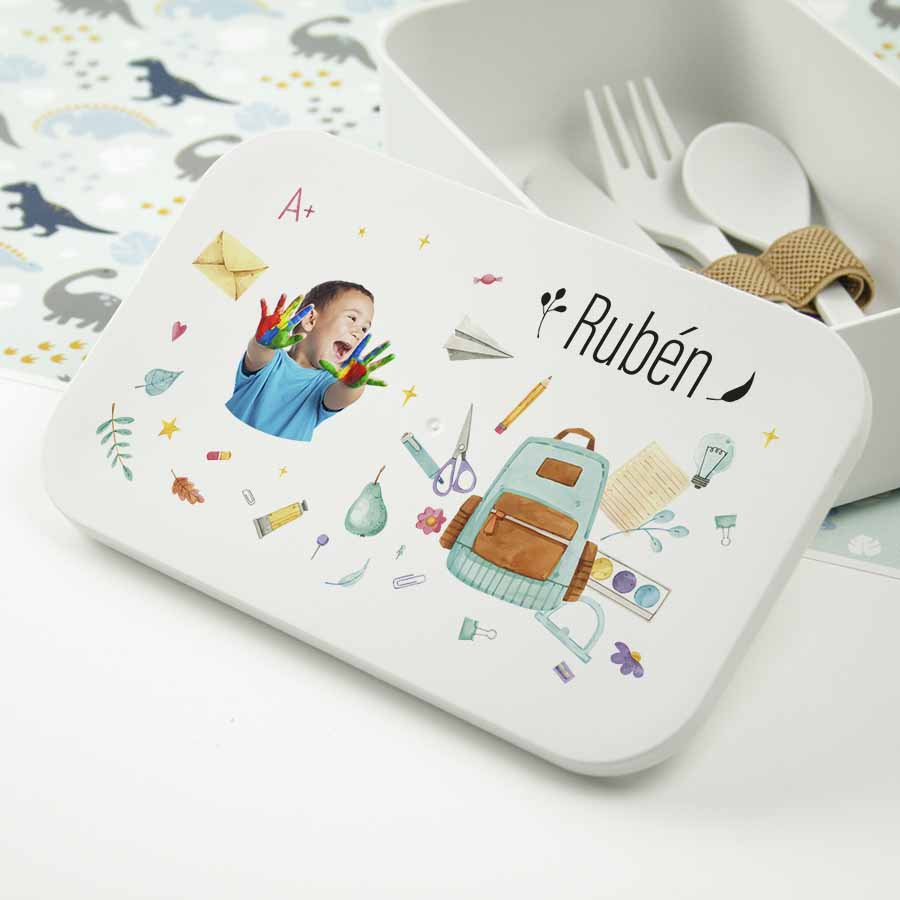 fiambrera infantil personalizada con fotografía, nombre y dibujos