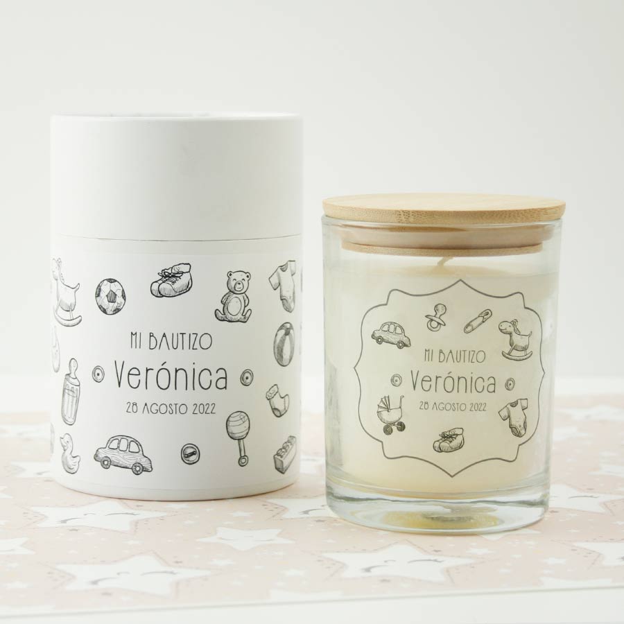 vela-bautizo-garabatos02 Velas de cristal personalizadas con un original estampado infantil.