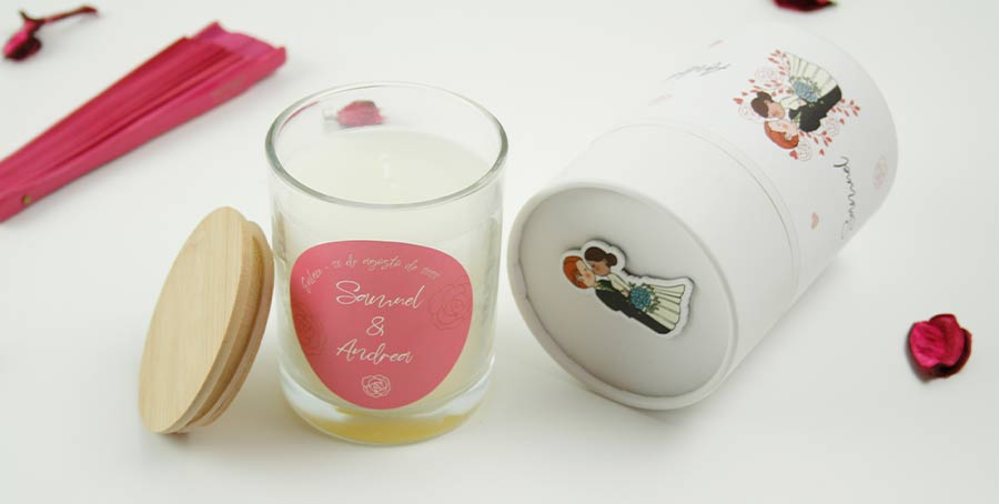 Velas personalizadas regalos bodas. Regalos para invitados de boda originales.