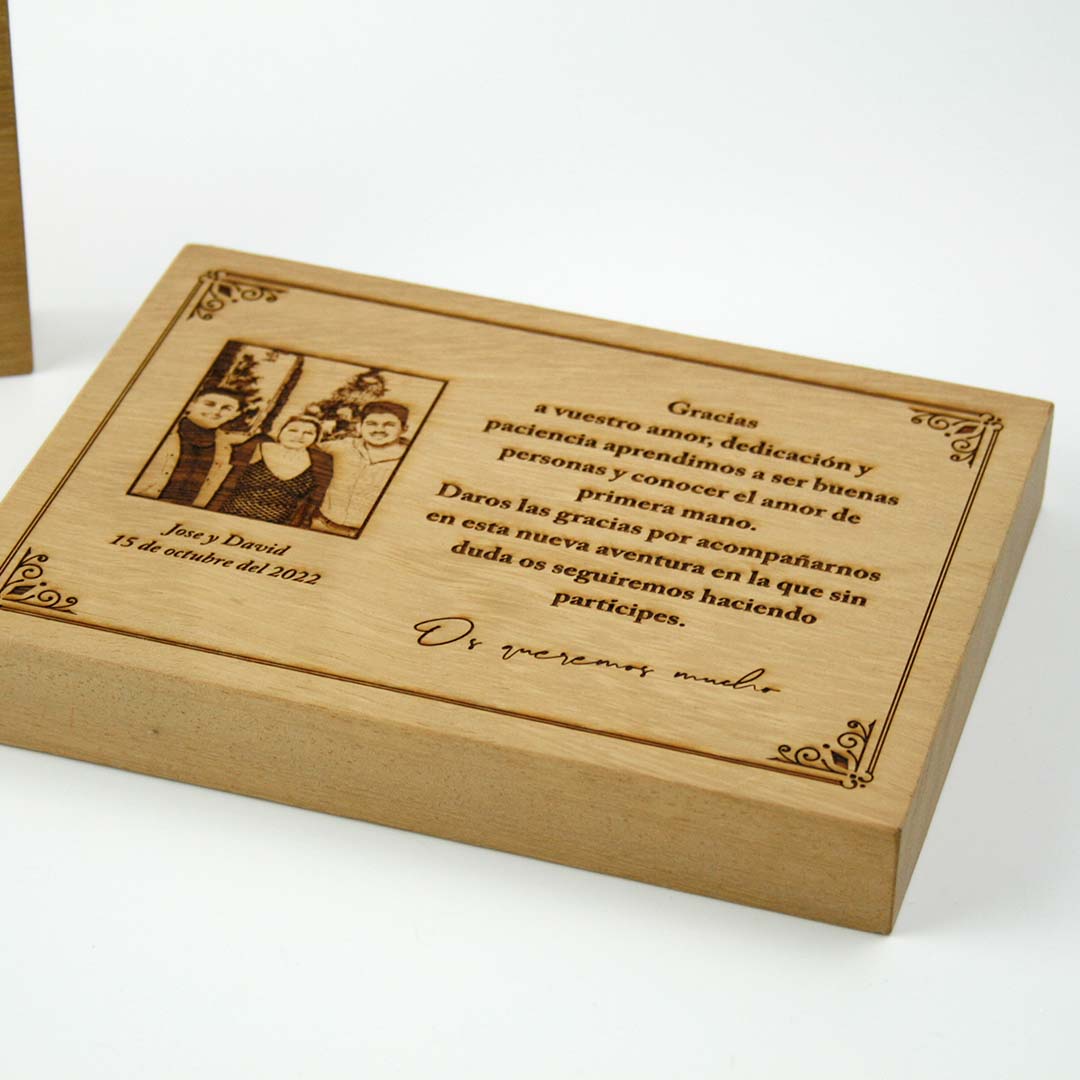 Placa agradecimiento padres personalizada en láser a madera