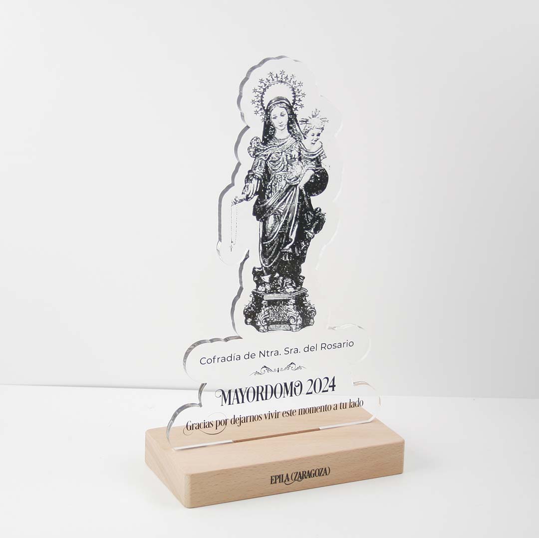 Trofeo de metacrilato y madera personalizada como reconocimiento en eventos cofrades