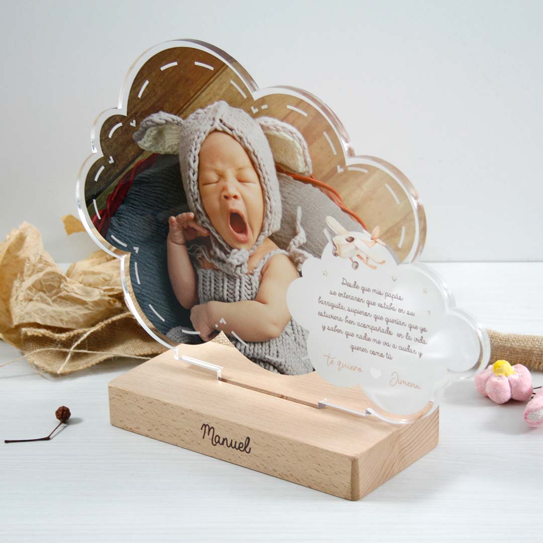 placa de metacrilato y madera personalizada para regalar en bautizos