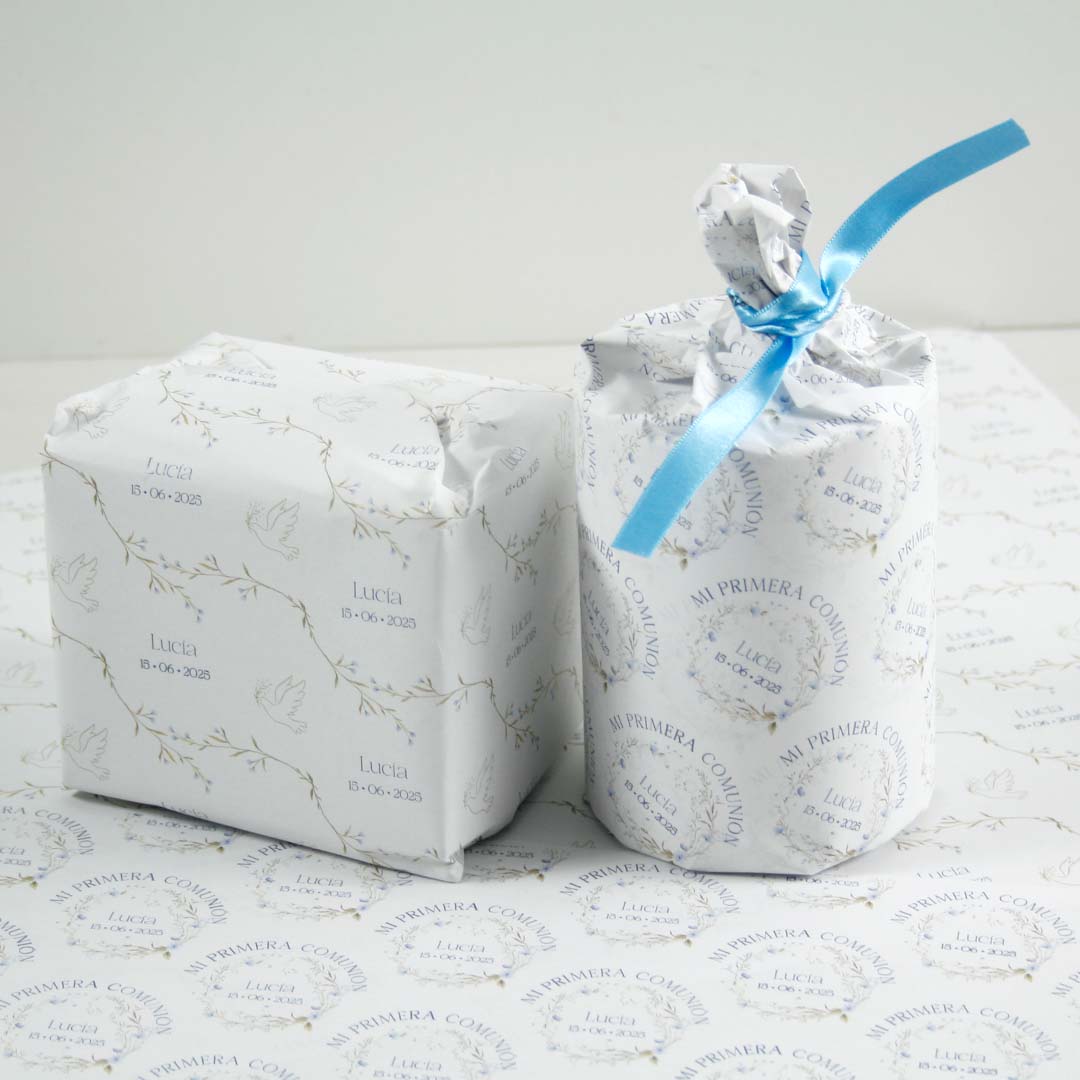 papel personalizado para envolver regalo comunion