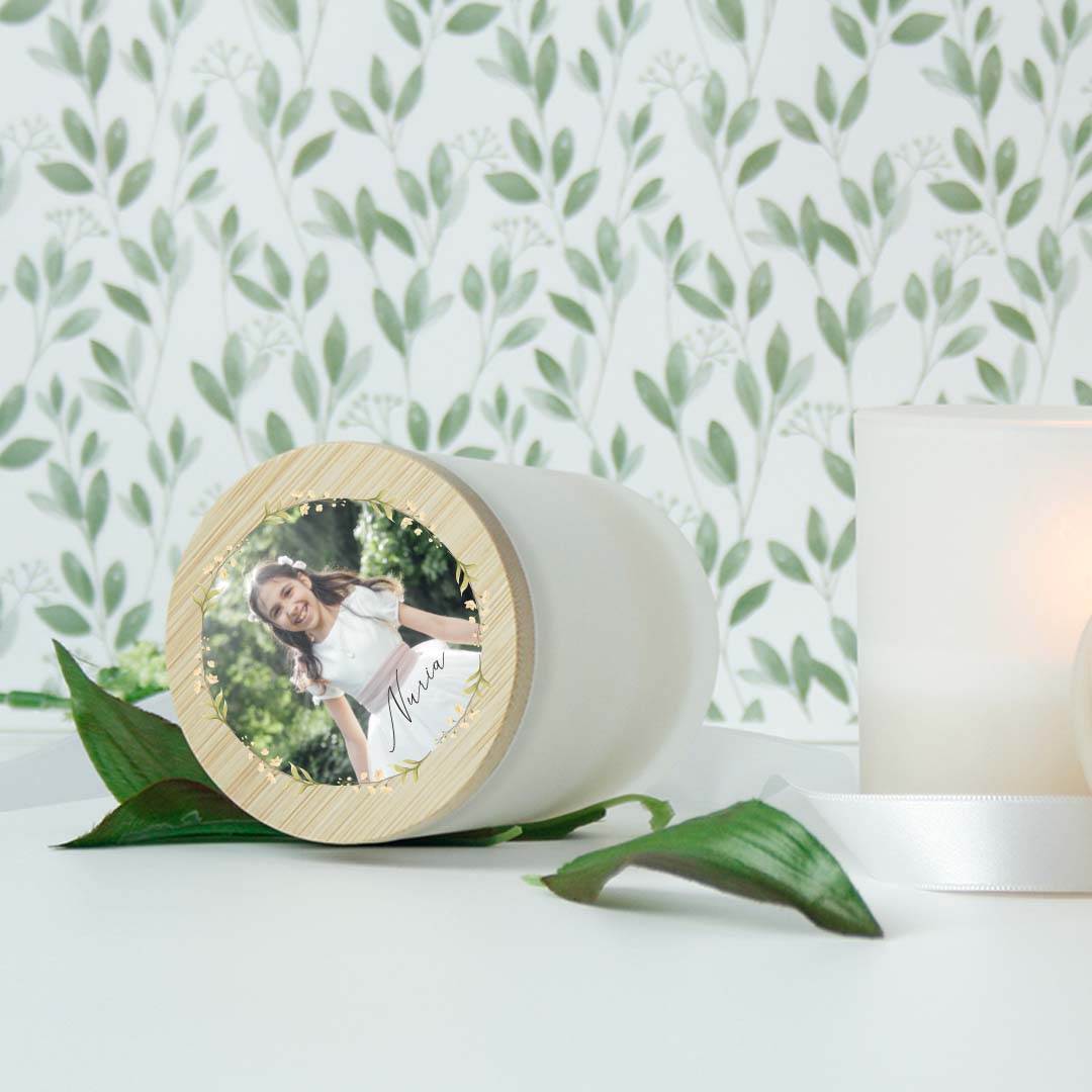 mini velitas con tapa de bambú para regalar en comuniones personalizadas a medida