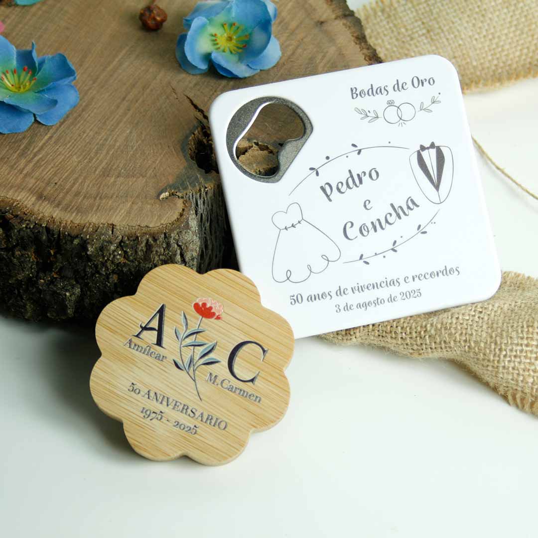 abridor con posavasos para regalar en bodas o aniversarios