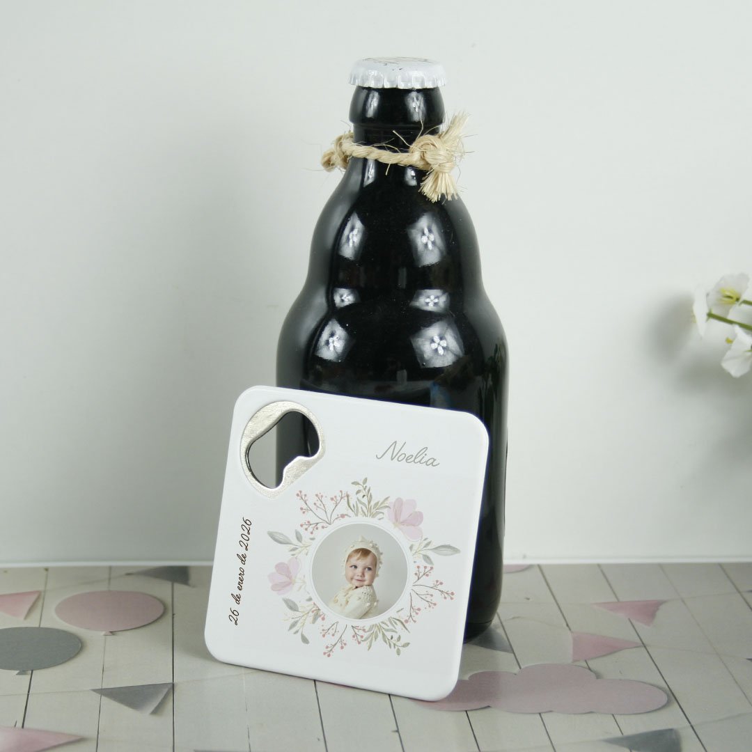 posavasos con abridor personalizado recuerdo foto para bautizo